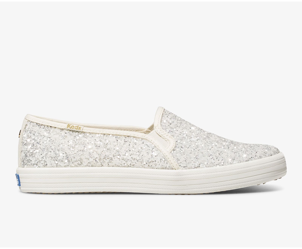 Slip Ons Keds Mujer Blancos - Kate Spade New York Double Decker Glitter - 0463-UHKNZ